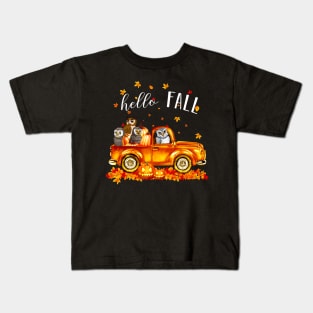 Owls Hello Fall - Owls In Car Pumpkin Halloween T-shirt Owls Autunm Gift Kids T-Shirt